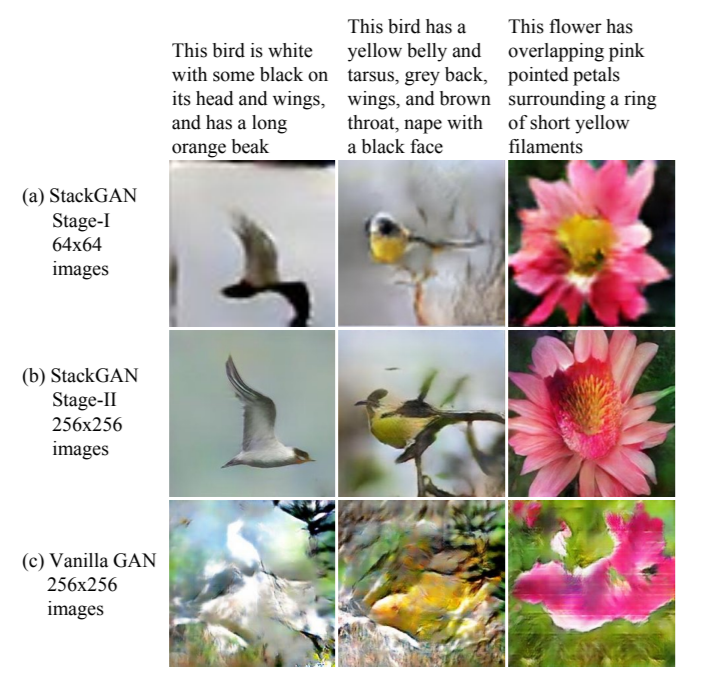 Text-to-Image synthesis by StackGAN.