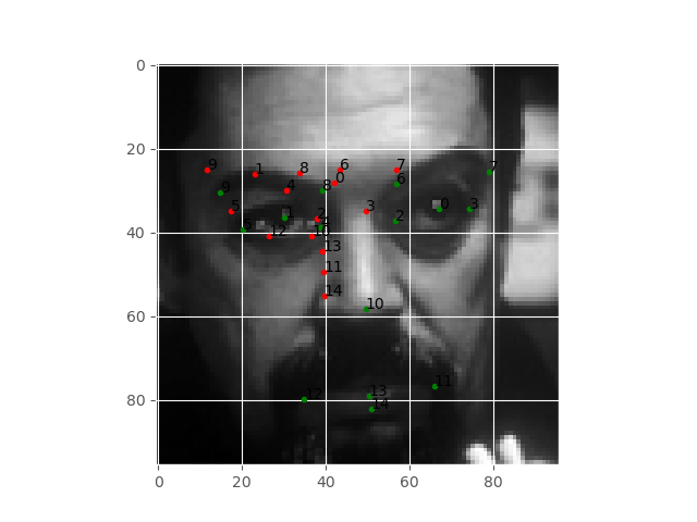 Facial keypoints detected by the deep neural network after 25 epochs.