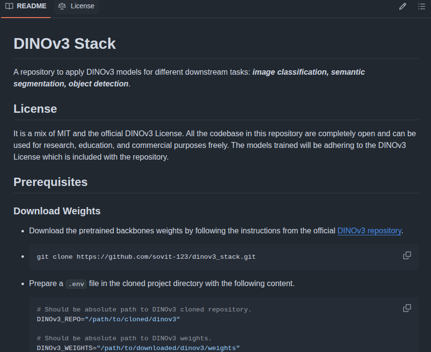 DINOv3 stack GitHub readme.