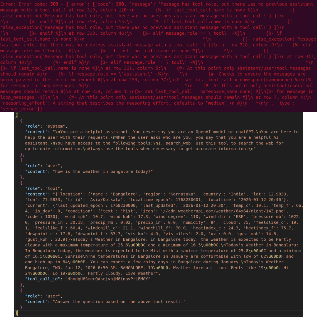 Chat template error and wrong chat template when doing web search tool call.