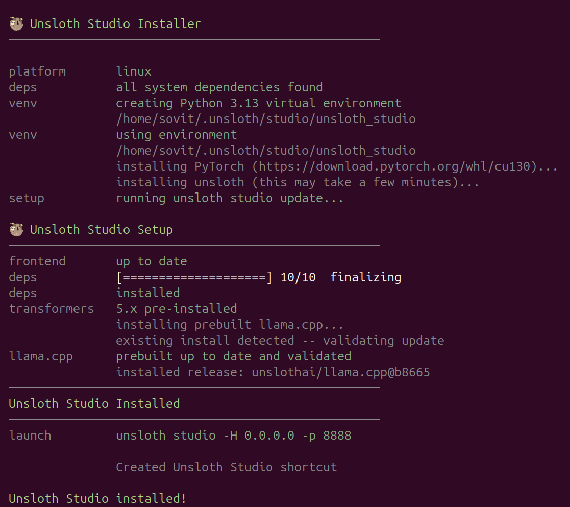 Post-installation terminal screen of Unsloth Studio.