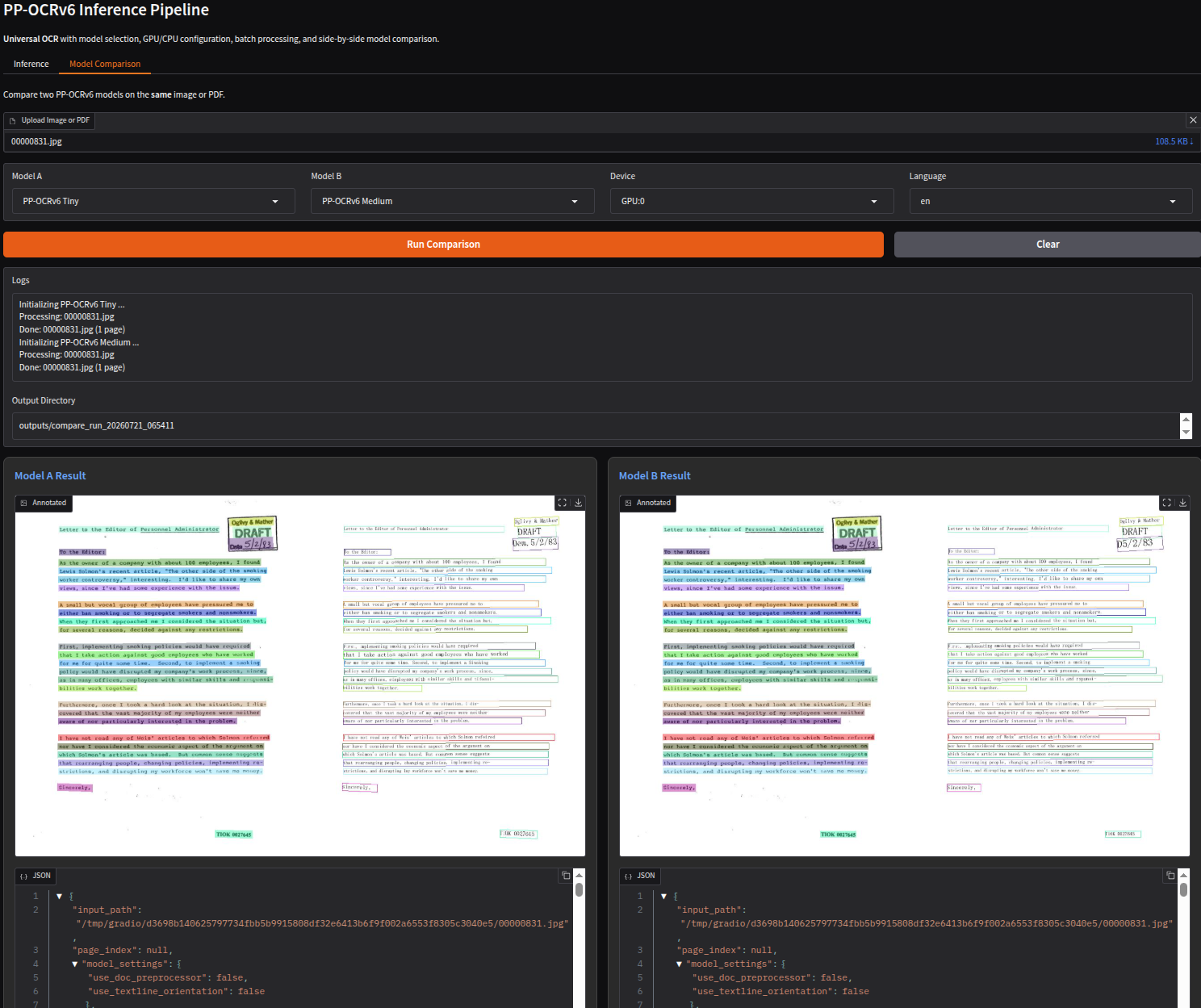Model comparison tab for PP-OCRv6 where we can run inference and compare the results between any two model.