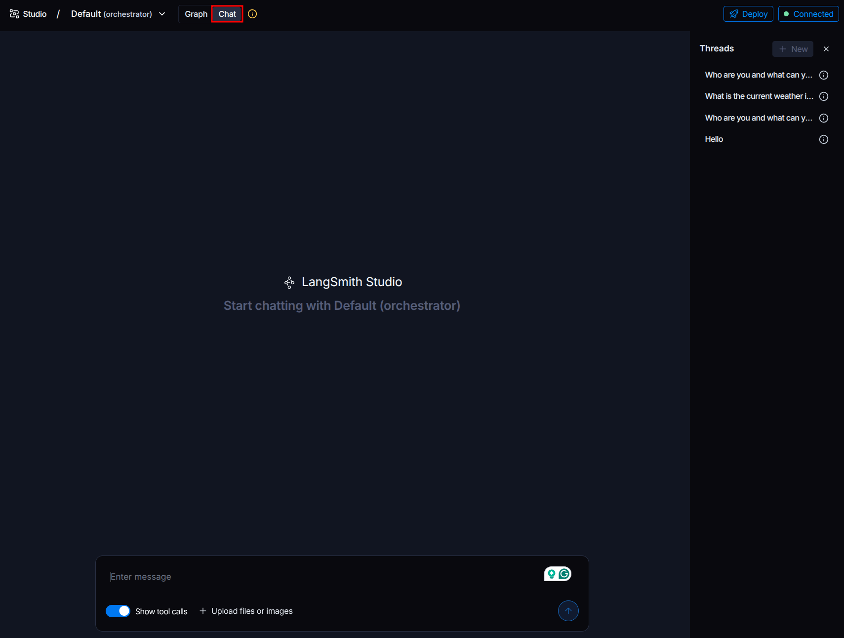 LangGraph Studio chat mode to to interact with agents.